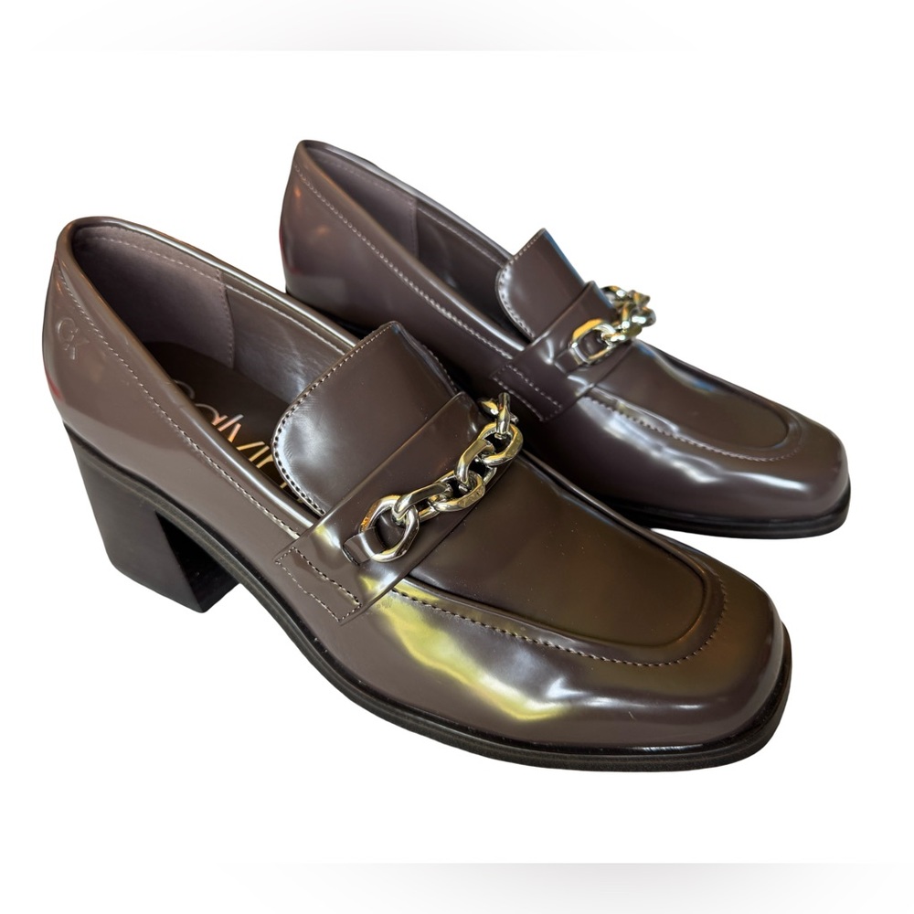 Calvin Klein KCVenty Block Heel Pump Women's Size 8M Brown Patent Chain Detail